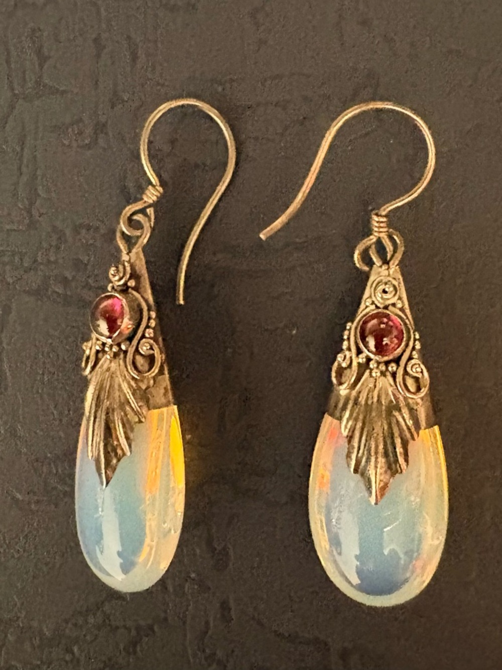 Antique Gold-Tone Opalescent Teardrop Earrings with Pink Accent